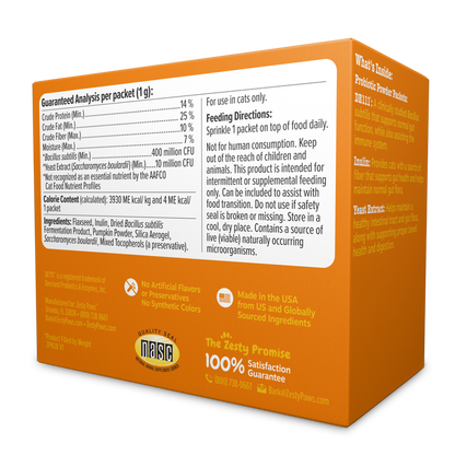 Orange box of probiotic powder for cats with nutritional information, feeding directions, and ingredients listed on white lab
