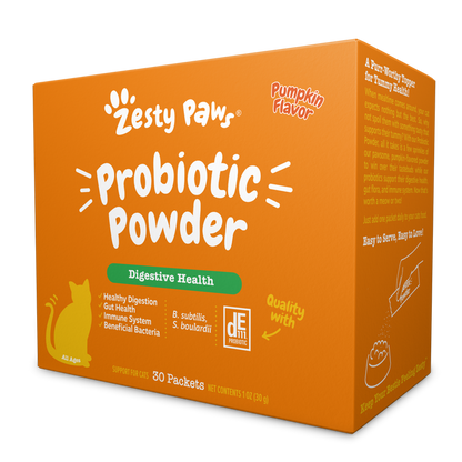 Orange box of Zesty Paw probiotic powder for cats in pumpkin flavor, containing 30 packets for digestive health.