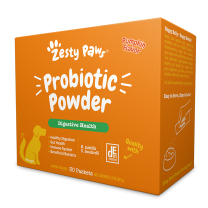 Orange box of Zesty Paw probiotic powder for dogs with pumpkin flavor, containing 30 packets.