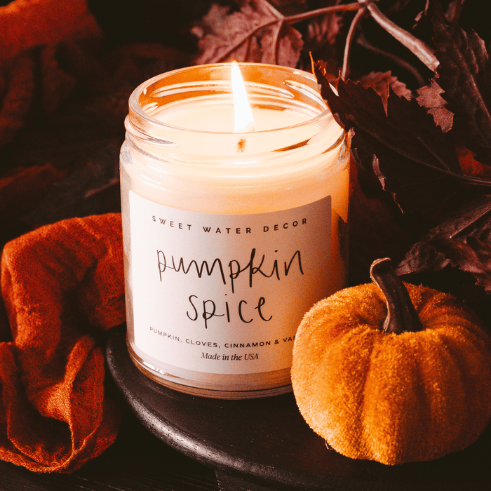 Pumpkin Spice Script Soy Candle - Clear Jar - 9 oz - Sweet Water Decor - Candles