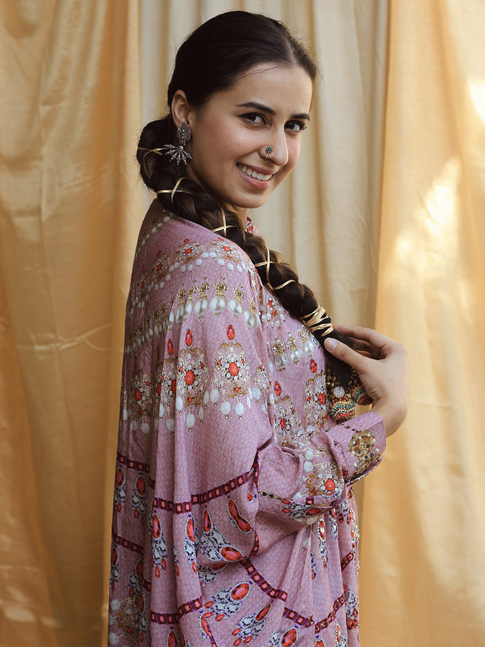 Rumi Purple Moroccan Satin Silk Festive Dress front view