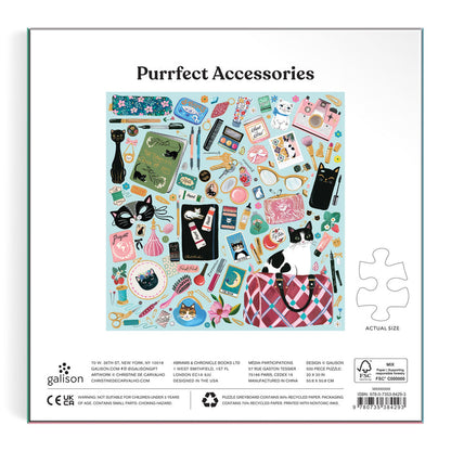 The back of the Christine De Carvalho Purrfect Accessories 500 Piece Foil Puzzle box features colorful cat-themed accessories and playful black-and-white cats, with the title “Purrfect Accessories” highlighting this charming puzzle.