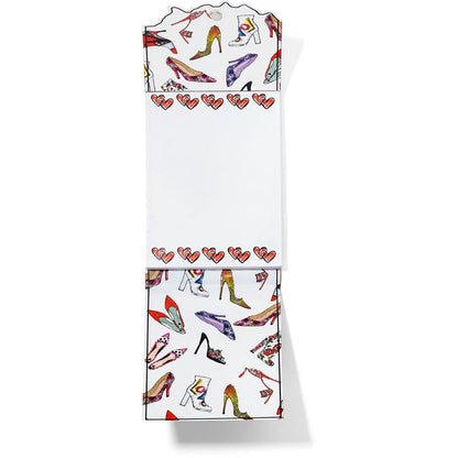 Brighton notepad with illustrated high heel shoe print and red heart border details on a white background