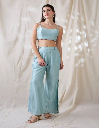 Sea Green Ravya Co-ord Set with Solid Bustier, Wide-Leg Pants and Embroidered Sleeveless Cotton Net Jacket for Women