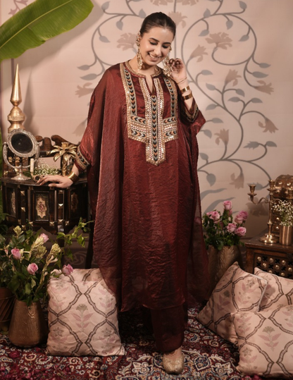 Prem Patr Red Tissue Silk Kurta Pant Set