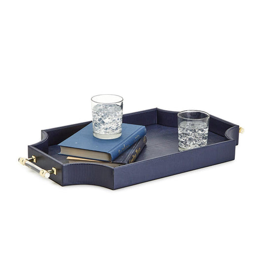 Regency Decorative Navy Rectangle Tray with Scallop Sides and Gold Accent Acrylic Handles.
