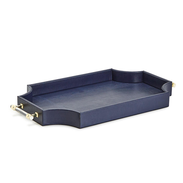 Regency Decorative Navy Rectangle Tray with Scallop Sides and Gold Accent Acrylic Handles.