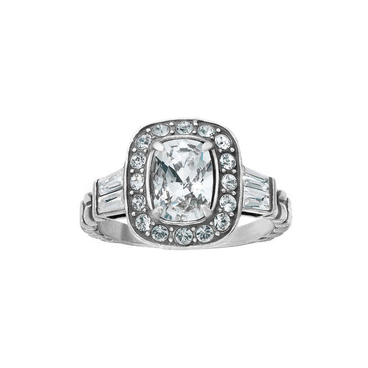 Brighton silver-plated ring with cushion-cut crystal center, halo of small crystals, and baguette side stones on a white background