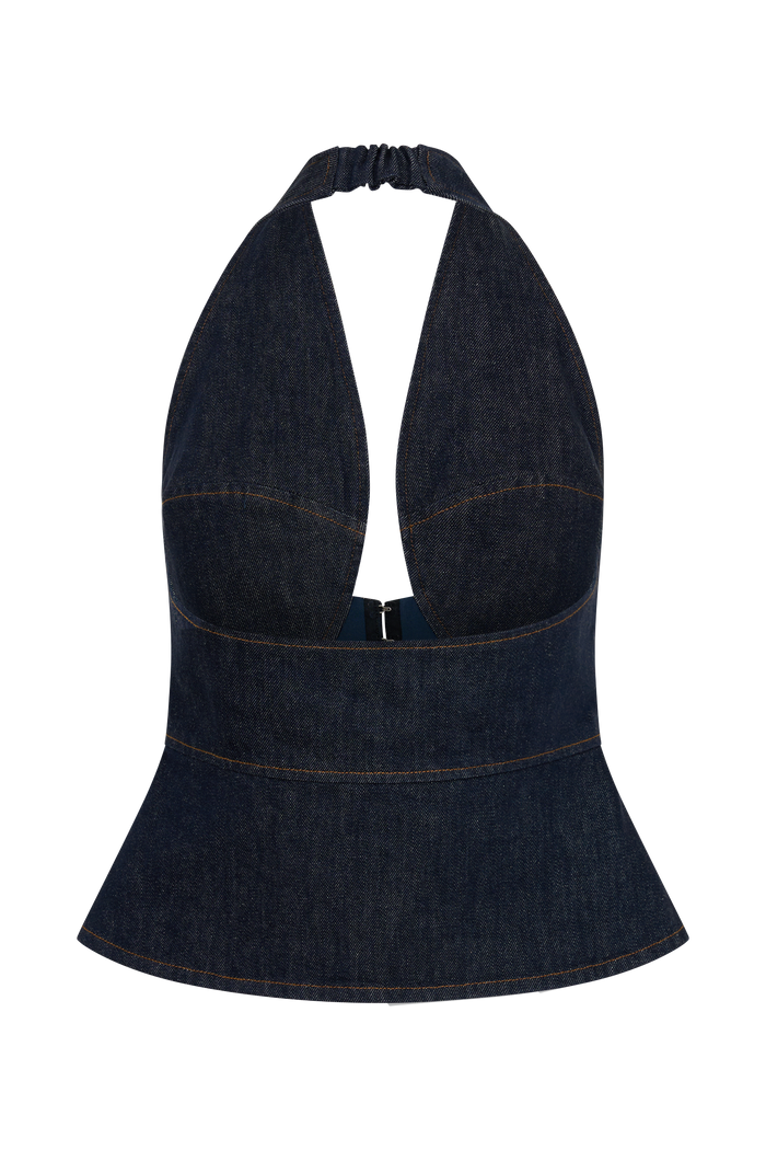 Rema Halter Longline Denim Top - Washed Indigo Blue
