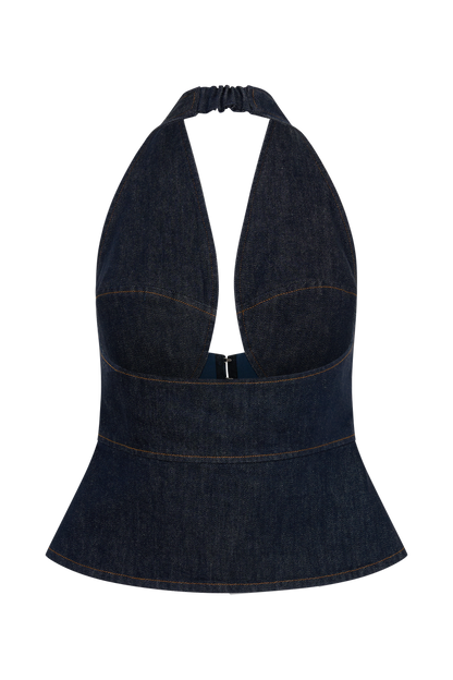 Rema Halter Longline Denim Top - Washed Indigo Blue