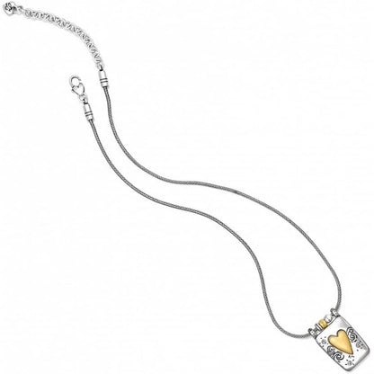 Brighton pendant necklace with silver-plated chain and brushed gold heart accent on rectangular tag on a white background