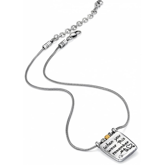 Brighton pendant necklace with silver-plated square charm engraved with handwritten message and brushed gold accent on white background