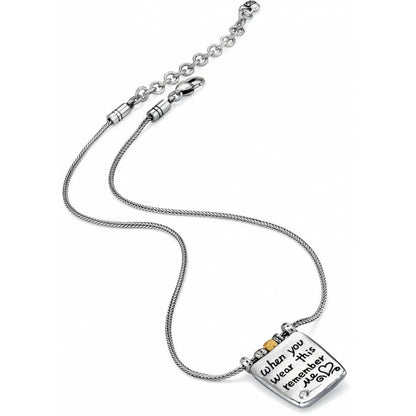 Brighton pendant necklace with silver-plated square charm engraved with handwritten message and brushed gold accent on white background