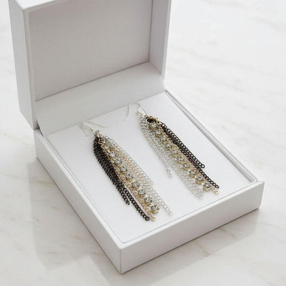 Rhinestone Crystal Chain Fringe Earrings in a stylish gift box with mixed metal chains and sparkling rhinestones.