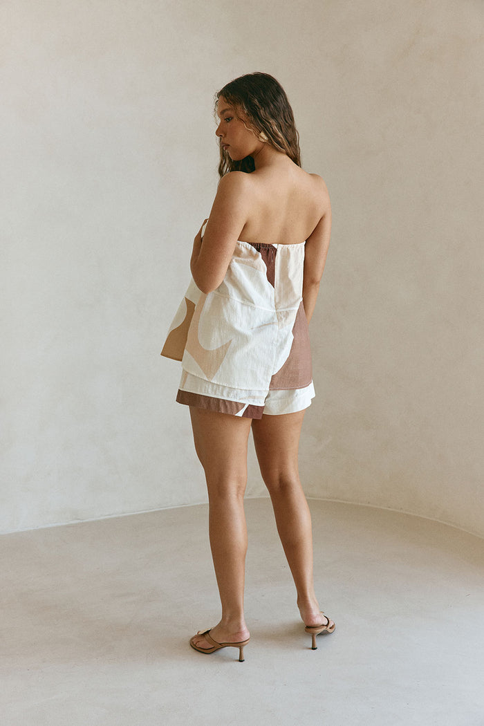 Brown Sable Floral Print Strapless Ria Playsuit