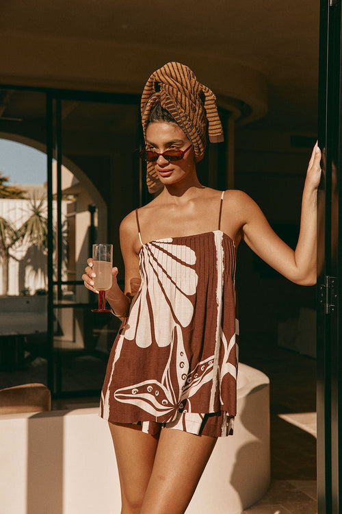 Brown and Cream Painted Tiles Print Strappy River Playsuit