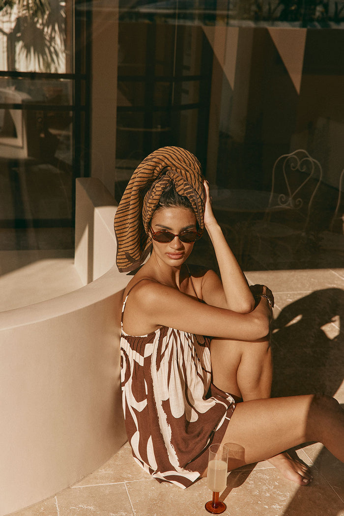 Brown and Cream Painted Tiles Print Strappy River Playsuit