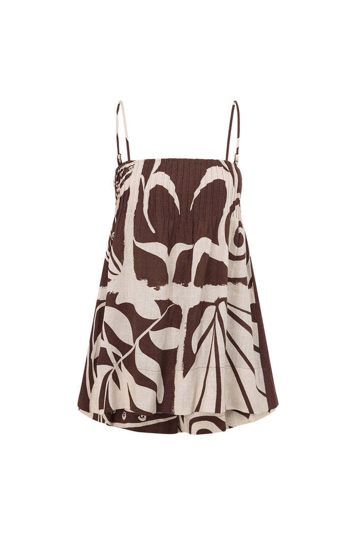 Brown and Cream Painted Tiles Print Strappy River Playsuit