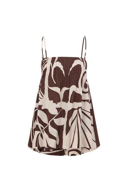 Brown and Cream Painted Tiles Print Strappy River Playsuit
