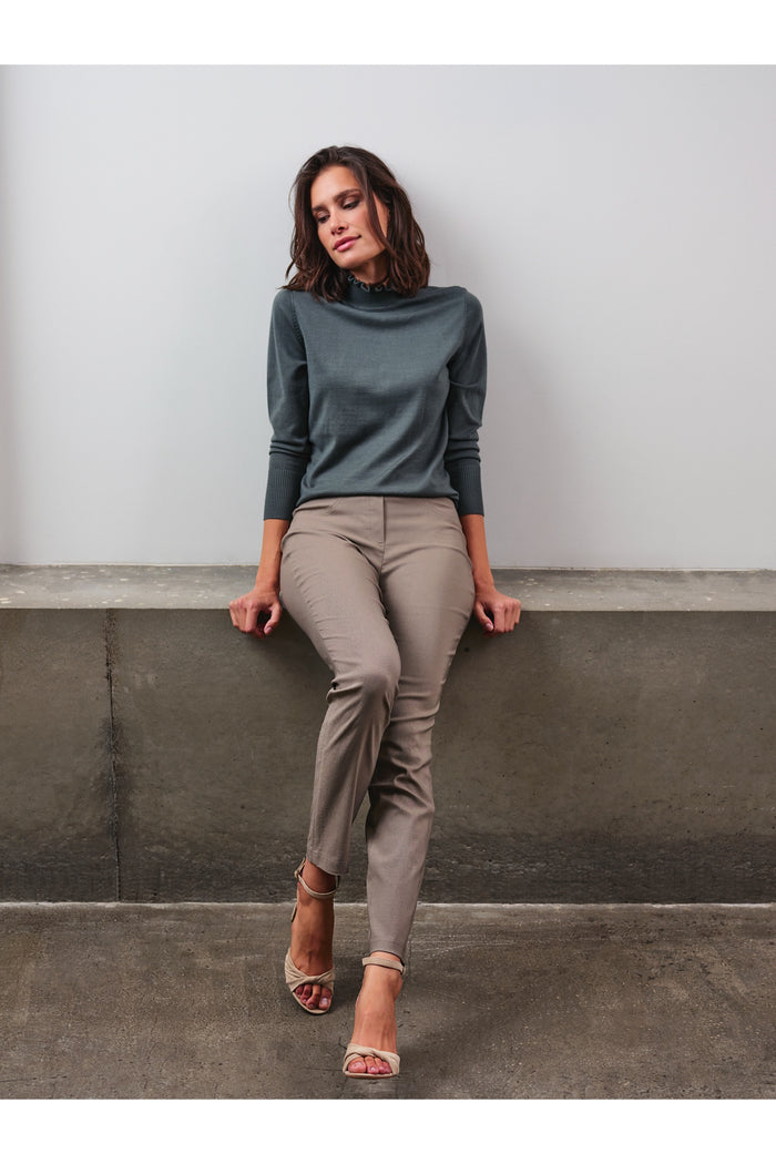 Woman wearing Robell 51559-5499-17 Bella K (73cm) Petite Trouser - Camel (17) by Robell, shop Robell at Dotique.