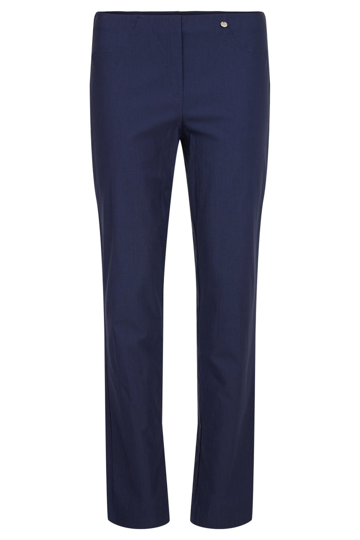 Robell Bella navy fleece-lined winter trousers with slim fit, elasticated waistband and 73cm inside leg.