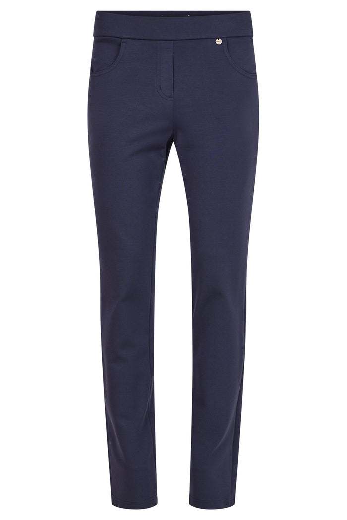 Robell Bella K navy pull-on trousers with straight leg fit, elasticated waistband and soft winter jersey fabric, 73cm length.