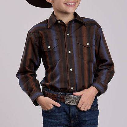 Roper Boy's L/S Yarn Dyed Striped Western Snap Shirt in Brown and Blue