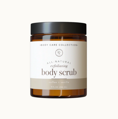 Jar of all natural exfoliating body scrub with a label on a white background