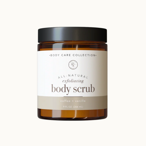 Jar of all natural exfoliating body scrub with a label on a white background