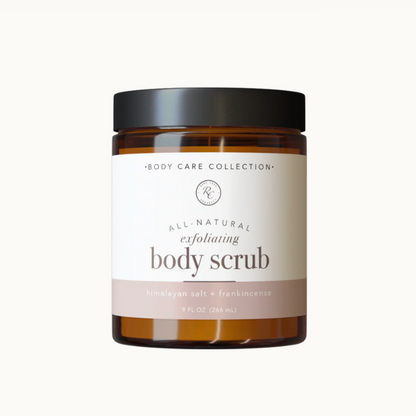 Jar of all-natural exfoliating body scrub with a label on a white background