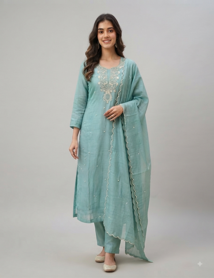 A woman modeling a mint green traditional Indian outfit, featuring a long kurta with intricate silver embroidery on the chest, matching pants, and a coordinating dupatta with scalloped edges and beadwork, set against a plain light gray studio background.