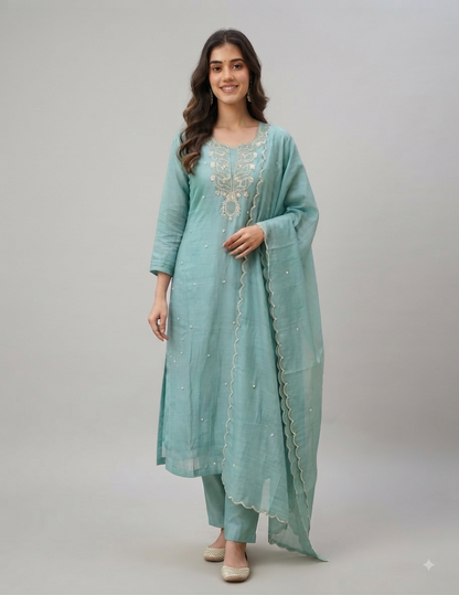 A woman modeling a mint green traditional Indian outfit, featuring a long kurta with intricate silver embroidery on the chest, matching pants, and a coordinating dupatta with scalloped edges and beadwork, set against a plain light gray studio background.