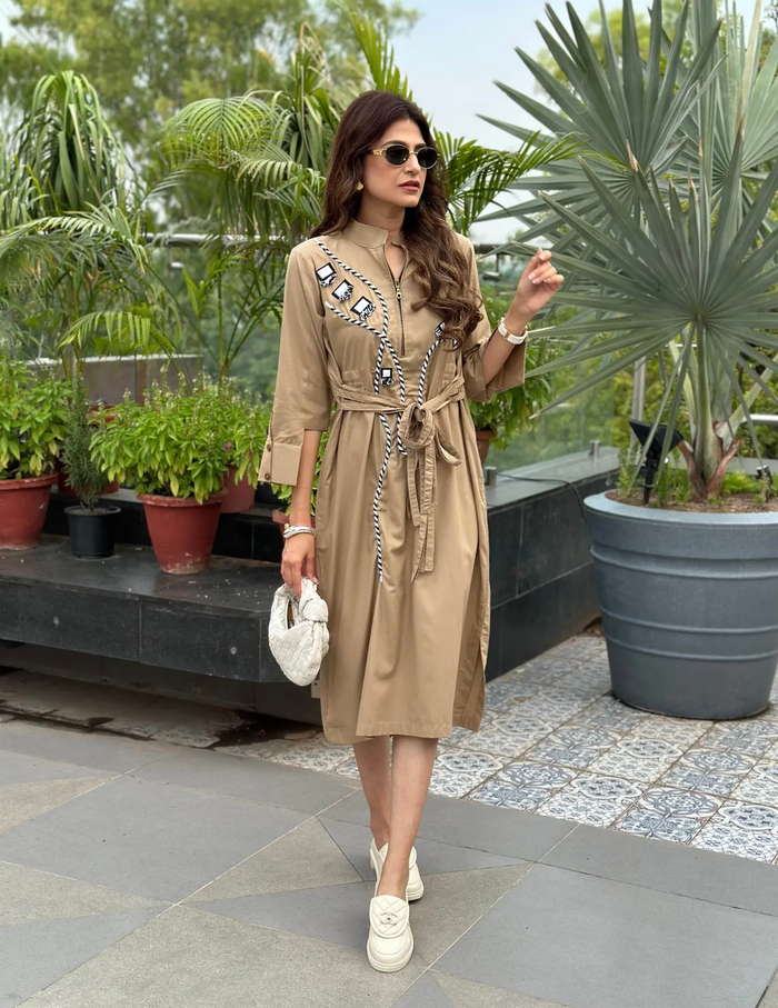 Sahara Splash Beige Dress crafted from premium Giza Cotton, featuring a relaxed silhouette and breathable fabric for effortless elegance and all-day comfort.
