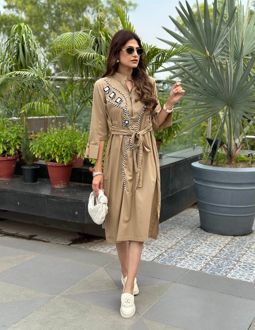 Sahara Splash Beige Dress crafted from premium Giza Cotton, featuring a relaxed silhouette and breathable fabric for effortless elegance and all-day comfort.