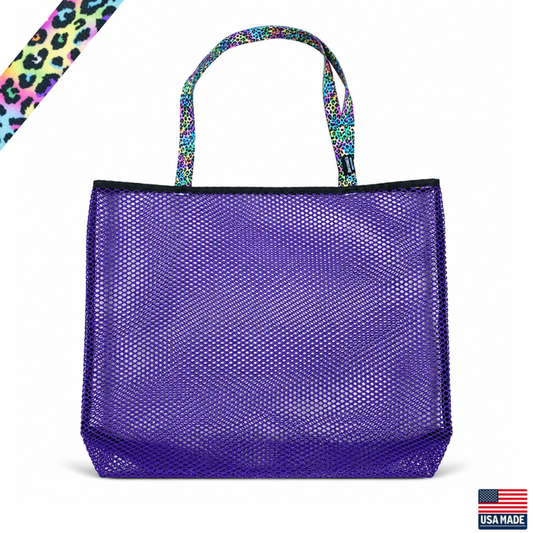 Purple mesh tote bag with colorful handle on a white background. Sand Island mesh beach tote made in Washburn Wisconsin for beach days, sports gear, towels, and lake adventures.