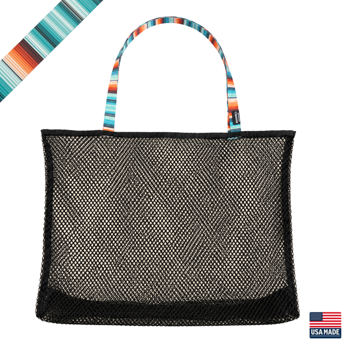 Black mesh tote bag with colorful handle on a white background. Sand Island mesh beach tote made in Washburn Wisconsin for beach days, sports gear, towels, and lake adventures.