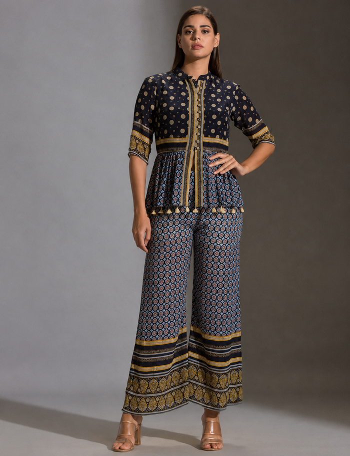 Blue Sanganer Printed Peplum Top With Front Opening And Potli Buttons Paired With Blue Printed Palazzos – Elegant Printed Co-Ord Set for Women