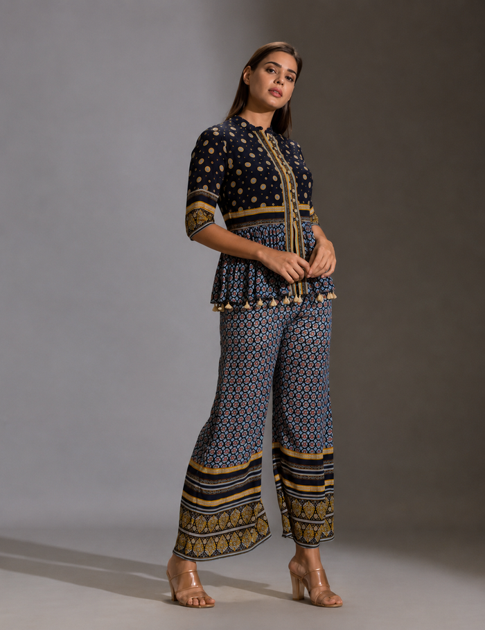 Blue Sanganer Printed Peplum Top With Front Opening And Potli Buttons Paired With Blue Printed Palazzos – Elegant Printed Co-Ord Set for Women