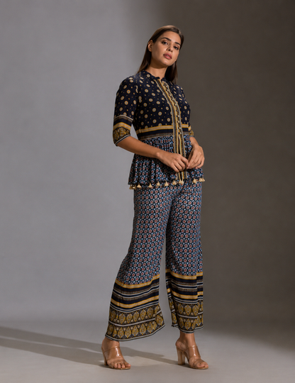 Blue Sanganer Printed Peplum Top With Front Opening And Potli Buttons Paired With Blue Printed Palazzos – Elegant Printed Co-Ord Set for Women