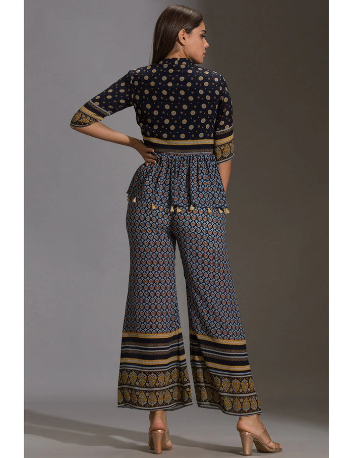 Blue Sanganer Printed Peplum Top With Front Opening And Potli Buttons Paired With Blue Printed Palazzos – Elegant Printed Co-Ord Set for Women