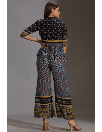 Blue Sanganer Printed Peplum Top With Front Opening And Potli Buttons Paired With Blue Printed Palazzos – Elegant Printed Co-Ord Set for Women