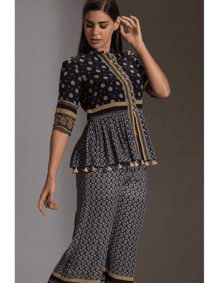 Blue Sanganer Printed Peplum Top With Front Opening And Potli Buttons Paired With Blue Printed Palazzos – Elegant Printed Co-Ord Set for Women