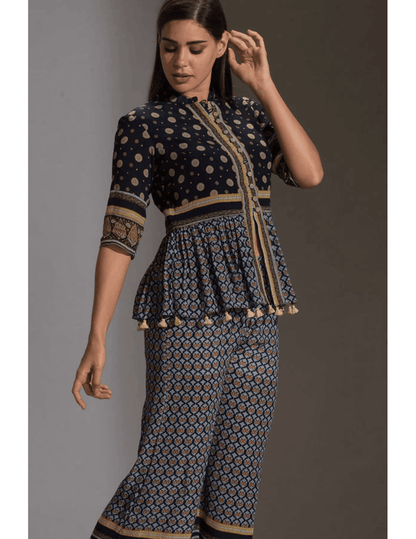 Blue Sanganer Printed Peplum Top With Front Opening And Potli Buttons Paired With Blue Printed Palazzos – Elegant Printed Co-Ord Set for Women