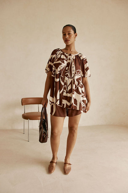 Cream and Brown Painted Tiles Print Scarlet Shorts