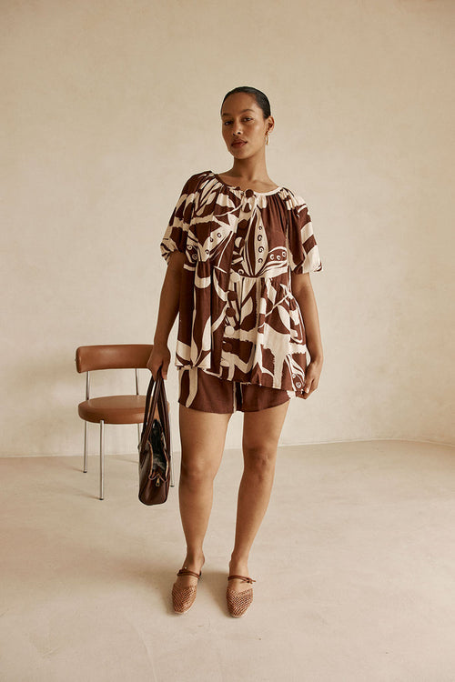 Cream and Brown Painted Tiles Print Scarlet Shorts