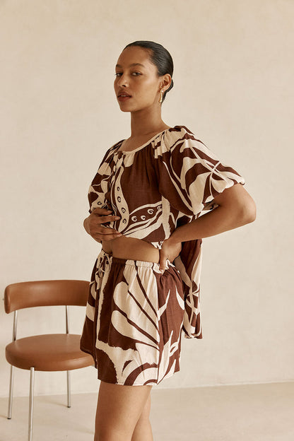 Cream and Brown Painted Tiles Print Scarlet Shorts