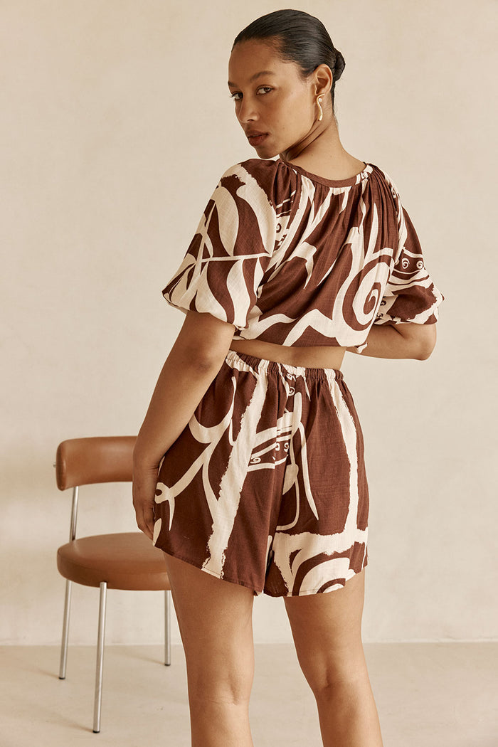 Cream and Brown Painted Tiles Print Scarlet Shorts