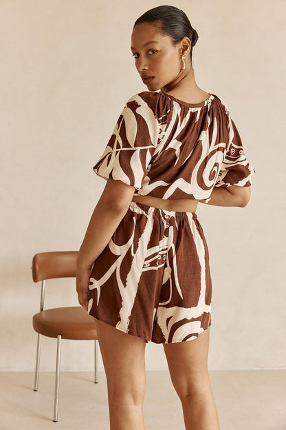 Cream and Brown Painted Tiles Print Scarlet Shorts