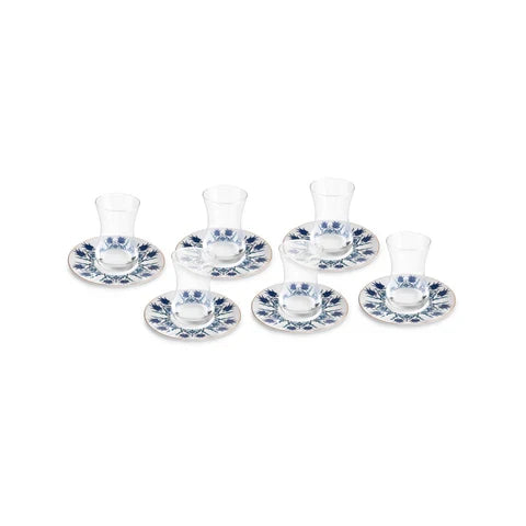 Service à Thé Turc Karaca Iznik 12 Pièces en Bone China pour 6 Personnes, 130 ml, Bleu