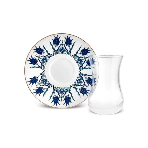 Service à Thé Turc Karaca Iznik 12 Pièces en Bone China pour 6 Personnes, 130 ml, Bleu